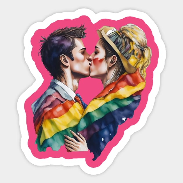 a couple kissing in front of a pride flag. Kiss Sticker TeePublic